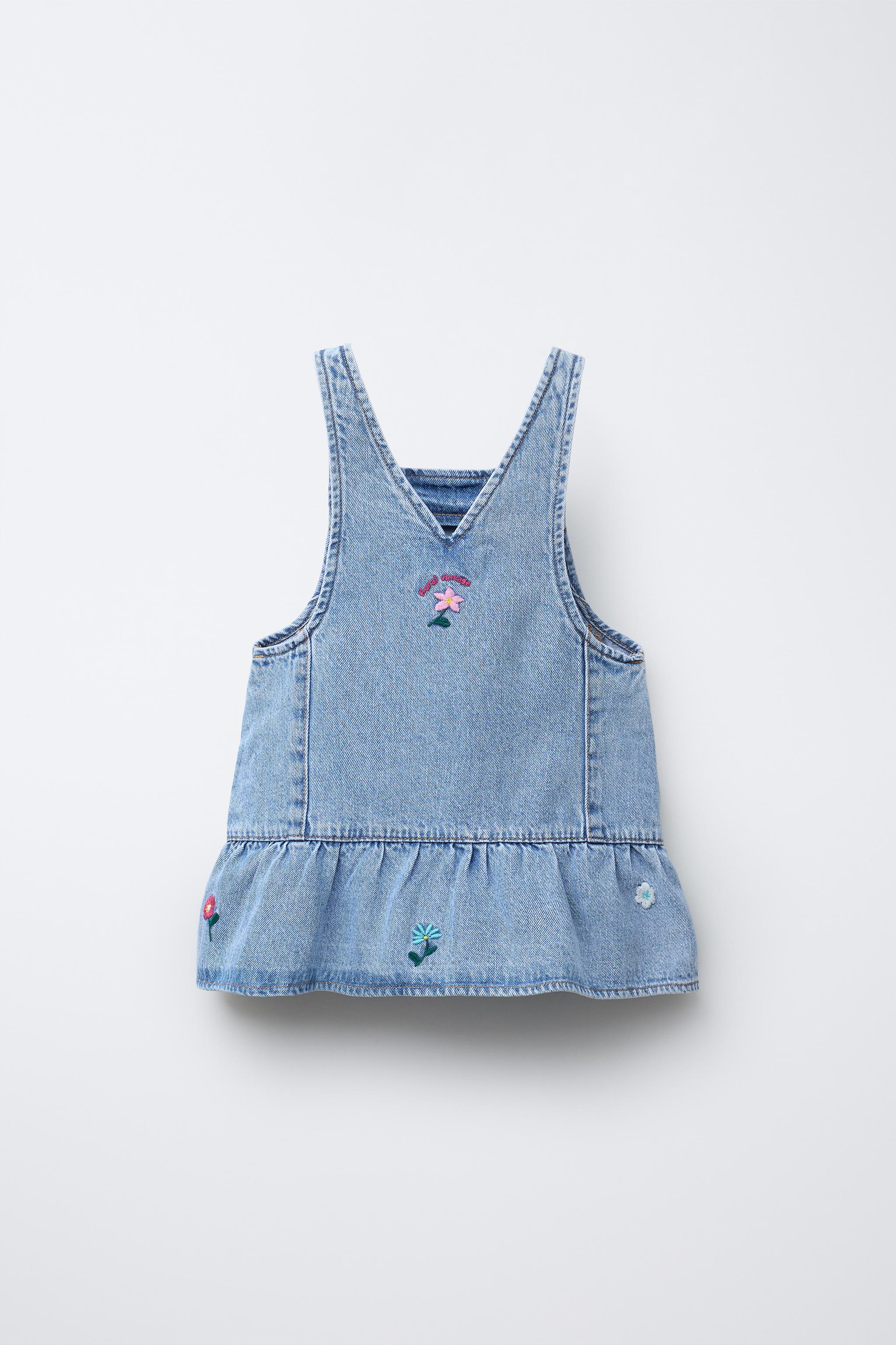 EMBROIDERED FLORAL DENIM PINAFORE DRESS
